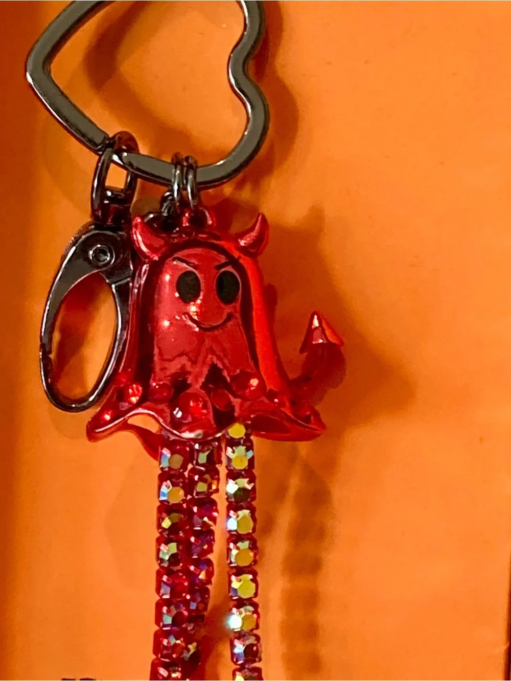 NIB Betsey Johnson Red Devil Ghost Charm Bag Charm with Rhinestone Tassels